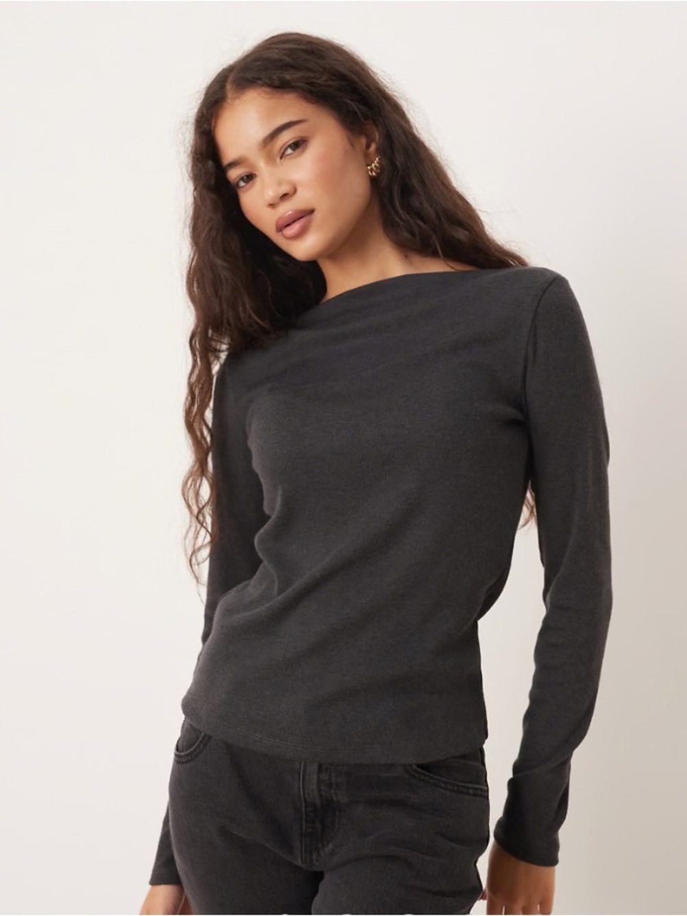 Mango Long Sleeved Boat Neck T-shirt MNG Tee Charcoal Size XLarge